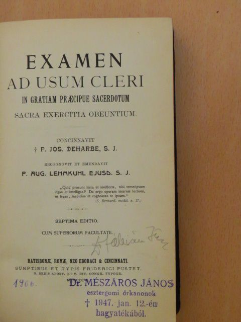 Examen ad usum cleri in gratiam praecipue sacerdotum sacra exercitia obeuntium [antikvár]