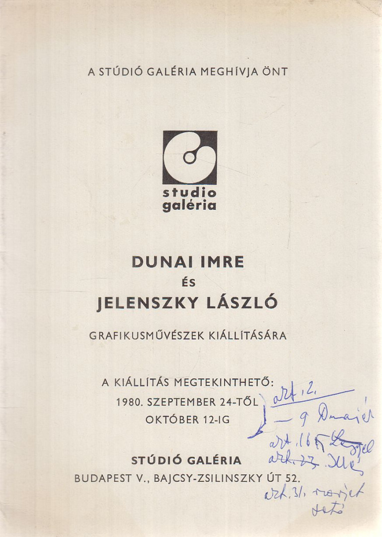 Meghívó Dunai Imre és Jelenszky László grafikusművészek kiállítására [antikvár]
