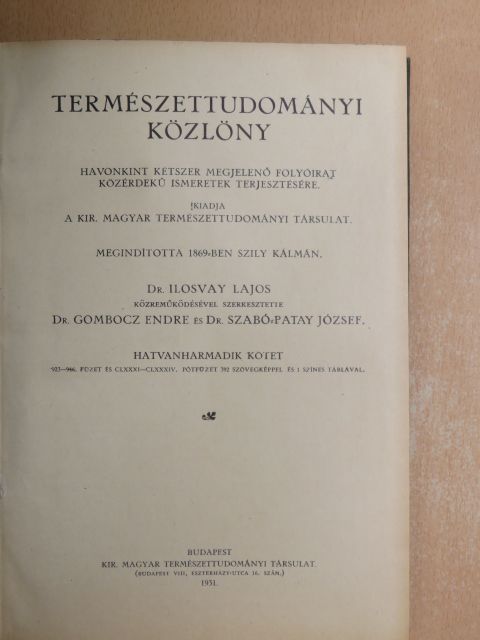 Bábonyi Endre - Természettudományi Közlöny 1931. január-december/Pótfüzetek a Természettudományi Közlönyhöz 1931. január-december [antikvár]