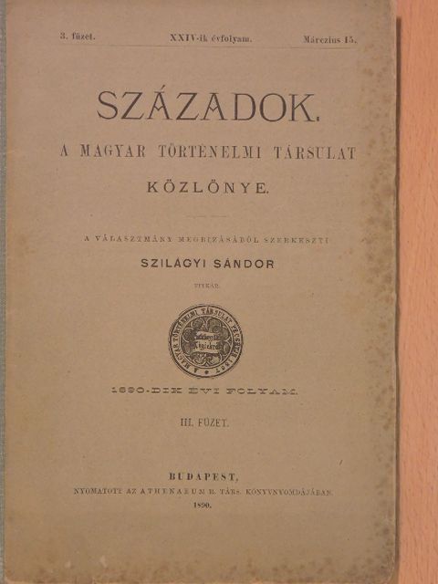 Ádám Gerzson - Századok 1890. márczius 15. [antikvár]