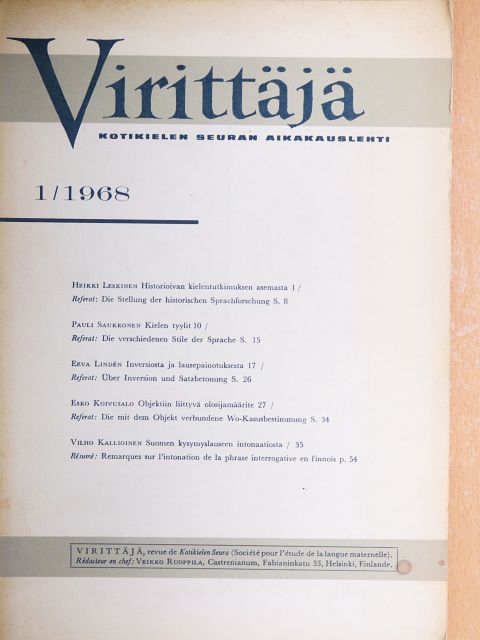 Eeva Lindén - Virittäjä 1/1968 [antikvár]
