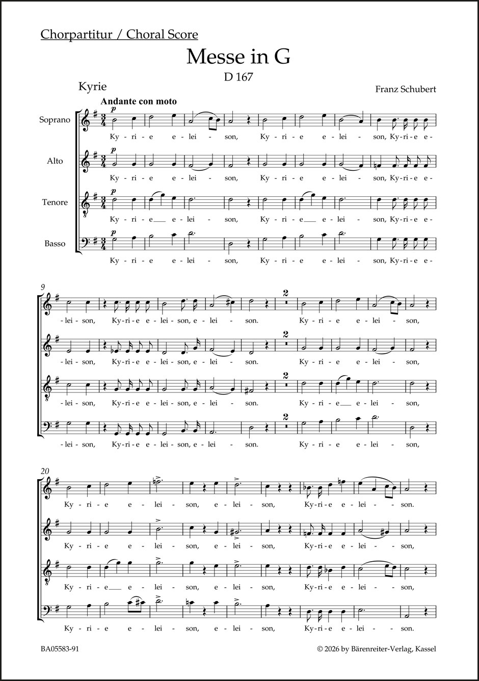 SCHUBERT - MESSE IN G D 167, CHORPARTITUR