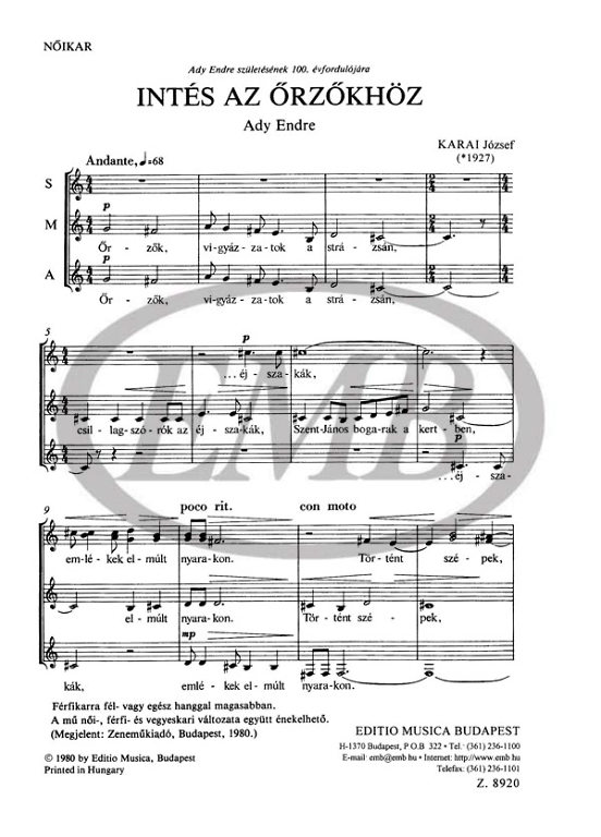 KARAI JÓZSEF - INTÉS AZ ŐRZŐKHÖZ - NŐIKAR - (ADY ENDRE)