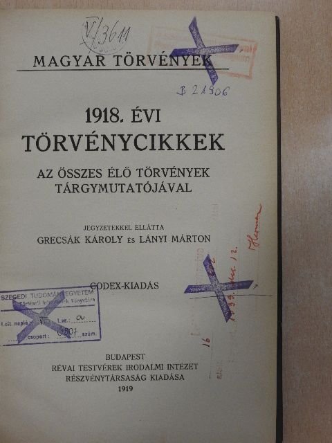 Grecsák Károly - 1918. évi törvénycikkek [antikvár]