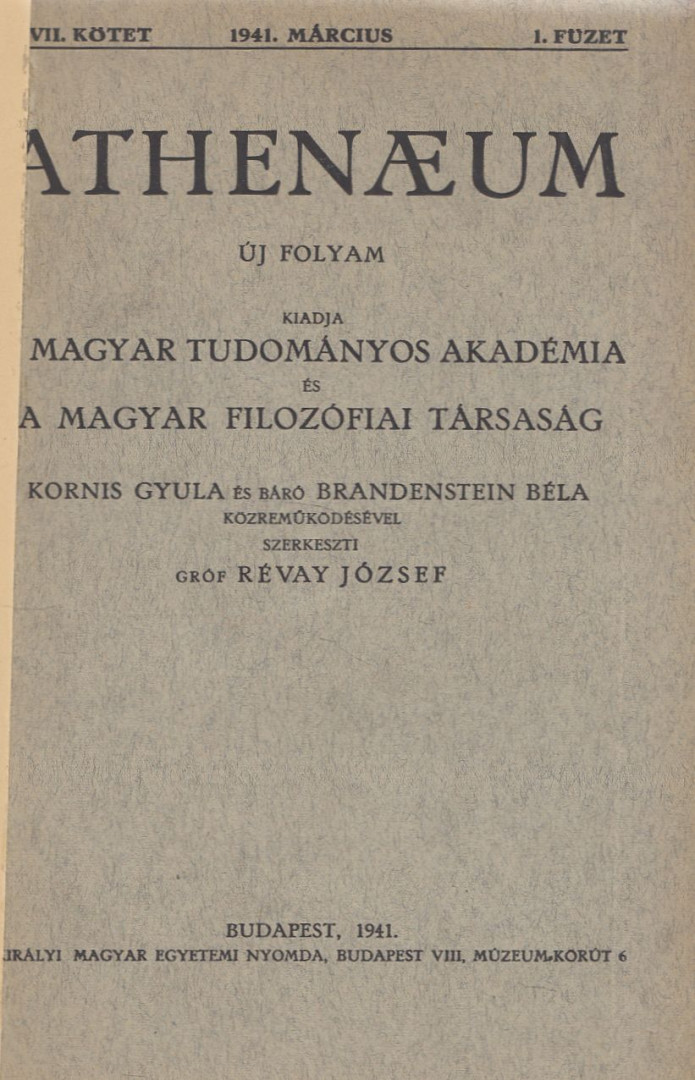 Athenaeum 1941. március VII. kötet 1. füzet [antikvár]