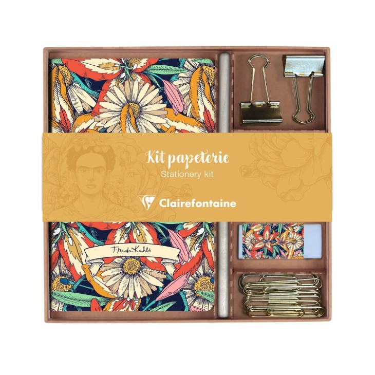 P0130-0593 - Kollekció Clairefontaine Frida Kahlo jegyzetfüzet, ceruza, binder csipesz, kapocs, radír