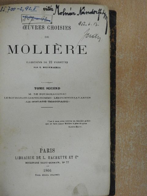 Moliére - Oeuvres Choisies de Moliére II. (töredék) [antikvár]