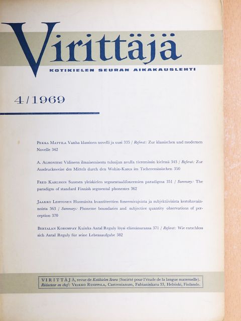 A. Alhoniemi - Virittäjä 4/1969 [antikvár]