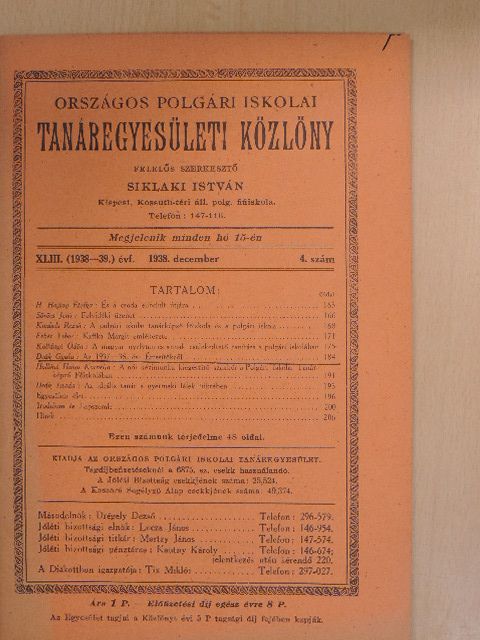 Deák Gyula - Országos Polgári Iskolai Tanáregyesületi Közlöny 1938. december [antikvár]
