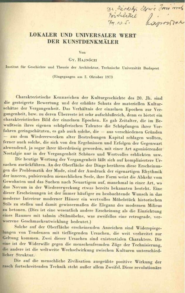 Hajnóczi Gyula - Lokaler und Universaler Wert der Kunstdenkmäler (dedikált) [antikvár]