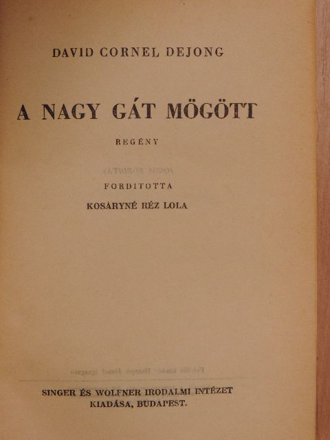 David Cornel DeJong - A nagy gát mögött [antikvár]