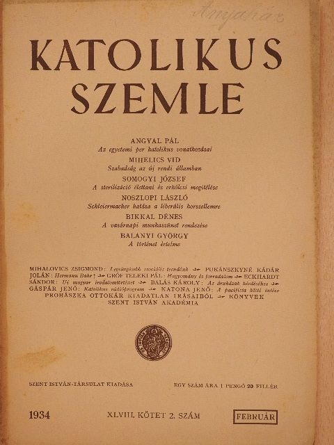 Angyal Pál - Katolikus Szemle 1934. február [antikvár]