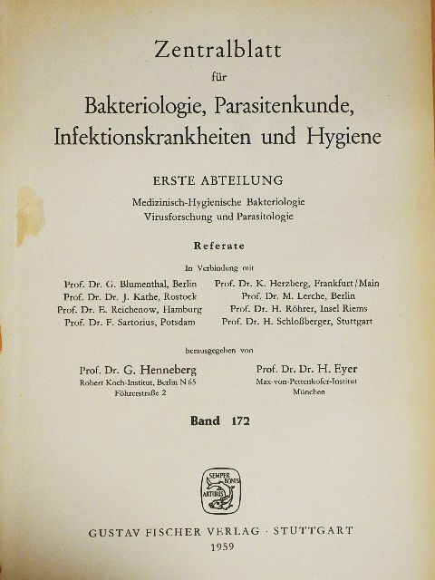 Zentralblatt für Bakteriologie, Parasitenkunde, Infektionskrankheiten und Hygiene 172/1-26 [antikvár]