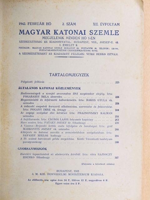 Bajnóczy Zdenkó - Magyar Katonai Szemle 1942. február [antikvár]