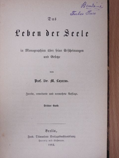 Prof. Dr. M. Lazarus - Das Leben der Seele III. (töredék) (gótbetűs) [antikvár]