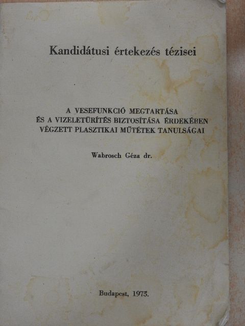 Dr. Wabrosch Géza - A vesefunkció megtartása és a vizeletürítés biztosítása érdekében végzett plasztikai műtétek tanulságai [antikvár]