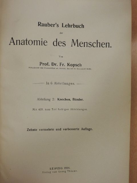 Prof. Dr. Fr. Kopsch - Rauber's Lehrbuch der Anatomie des Menschen 2. (töredék) [antikvár]