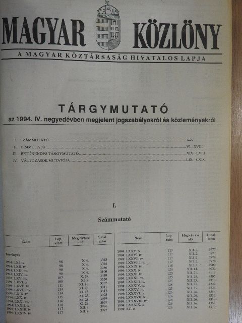 Magyar közlöny 1994. október 1.-november 2. (nem teljes évfolyam) [antikvár]