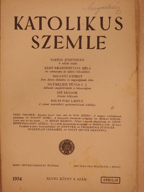 Balanyi György - Katolikus Szemle 1934. április [antikvár]