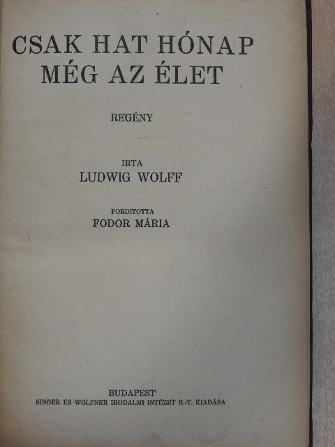 Ludwig Wolff - Csak hat hónap még az élet [antikvár]