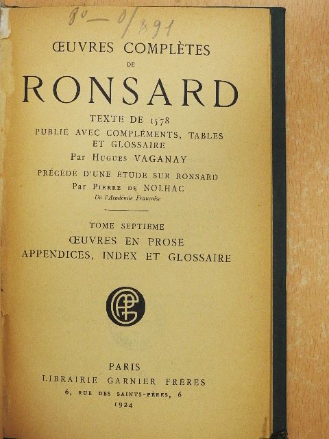 Pierre de Nolhac - Oeuvres complétes de Ronsard VII. [antikvár]