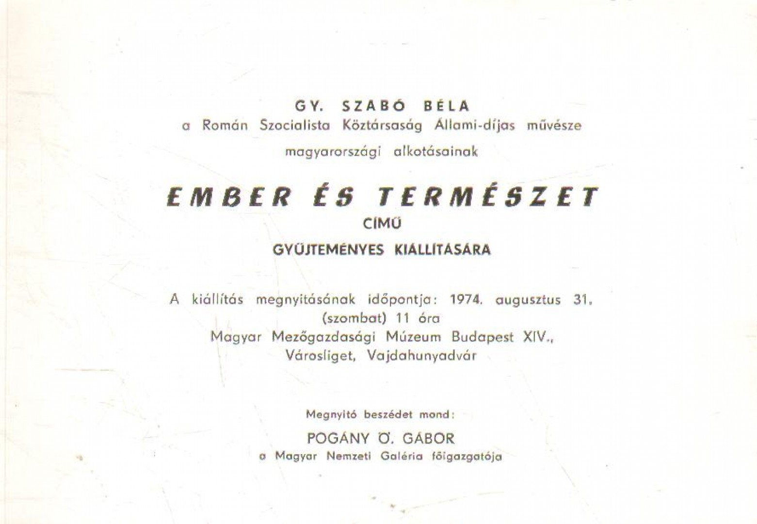 Meghívó Gy. Szabó Béla Ember és természet című gyűjteményes kiállítására [antikvár]