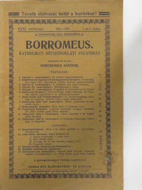 Dr. Hász István - Borromeus 1916-1917/1-2. [antikvár]