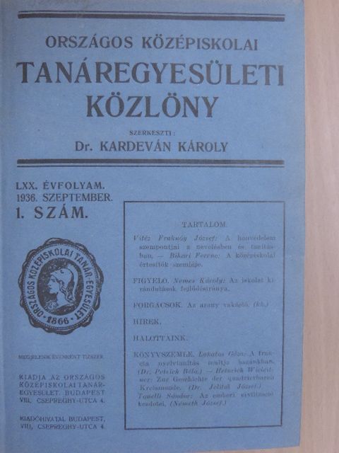 Átányi István - Országos Középiskolai Tanáregyesületi Közlöny 1936. szeptember-1938. június [antikvár]