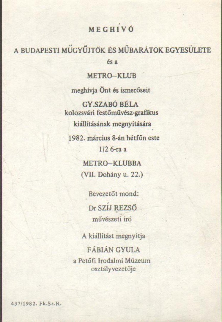 Meghívó Gy. Szabó Béla kolozsvári festőművész-grafikus kiállításának megnyitására [antikvár]