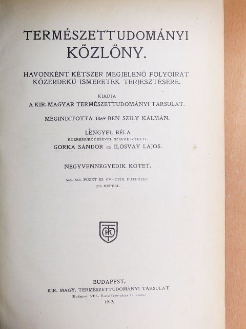 Berget Alfonz - Természettudományi Közlöny 1912. január-december/Pótfüzetek a Természettudományi Közlönyhöz 1912. január-december [antikvár]