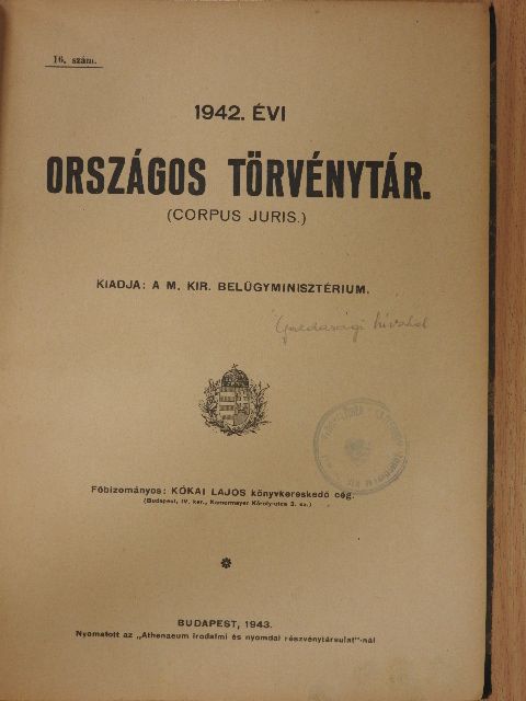 1942. évi Országos Törvénytár január-december [antikvár]