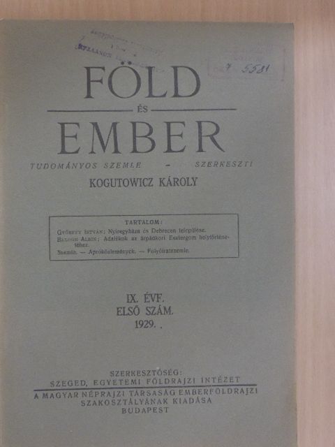 Balogh Albin - Föld és Ember 1929/1. [antikvár]