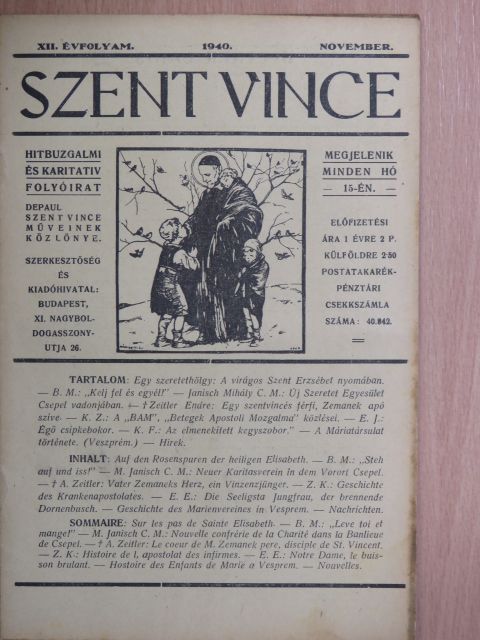 B. M. - Szent Vince 1940. november [antikvár]
