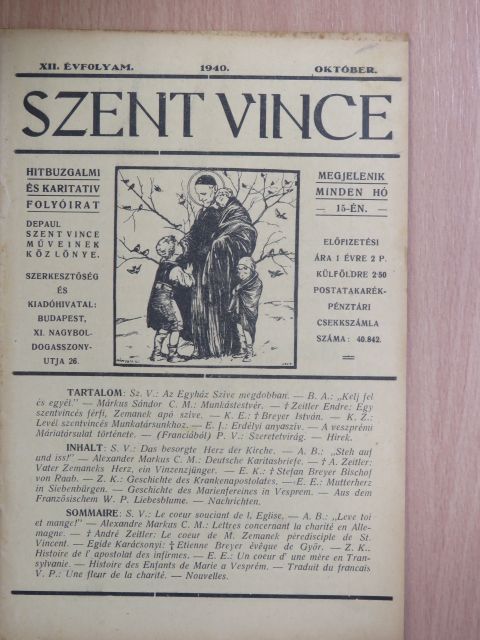 B. A. - Szent Vince 1940. október [antikvár]