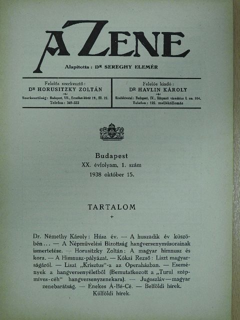 Dr. Némethy Károly - A Zene 1938. október 15. [antikvár]