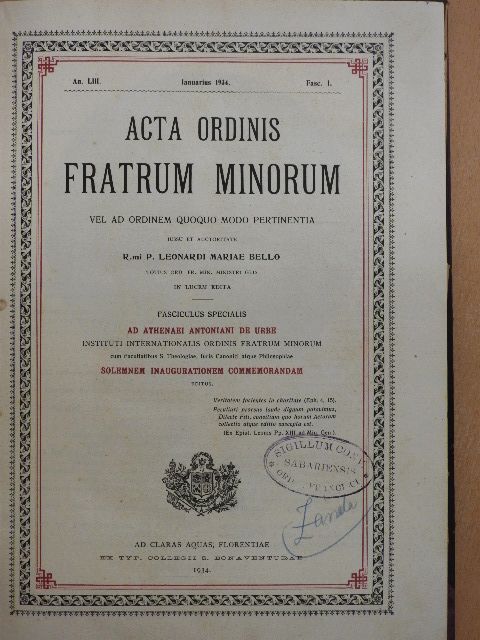 Acta Ordinis Fratrum Minorum Ianuarii-Decembris 1934 [antikvár]