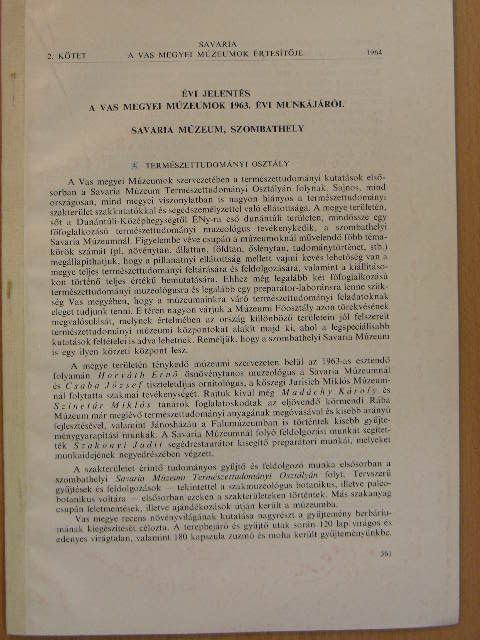 Évi jelentés a Vas megyei Múzeumok 1963. évi munkájáról [antikvár]