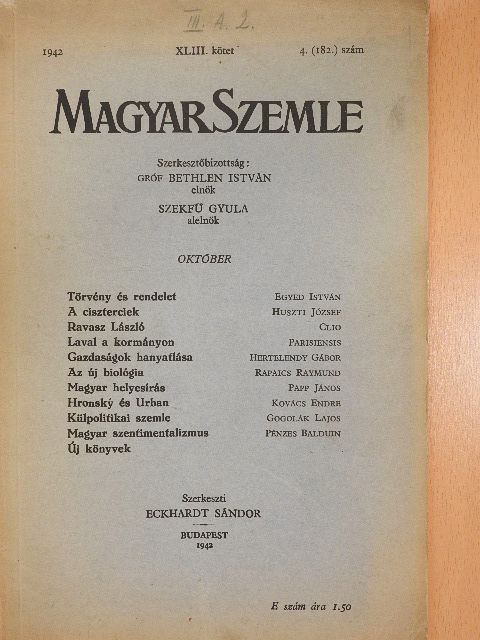 Egyed István - Magyar Szemle 1942. október [antikvár]
