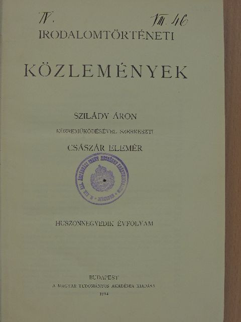 Alszeghy Zsolt - Irodalomtörténeti Közlemények 1914. [antikvár]