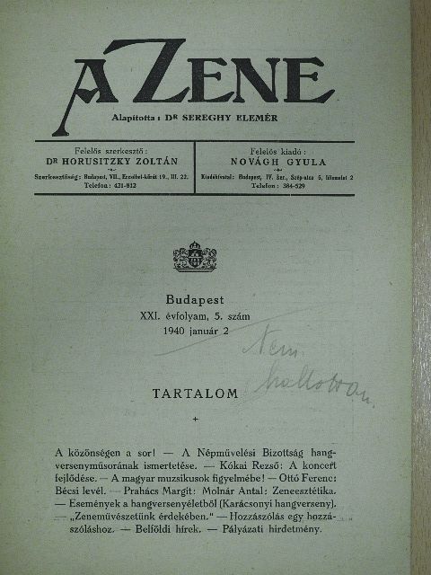 Kókai Rezső - A Zene 1940. január 2. [antikvár]