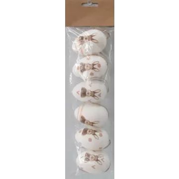 Nyuszi mintás dekorációs tojás - fehér, 6 darabos, 6 cm
