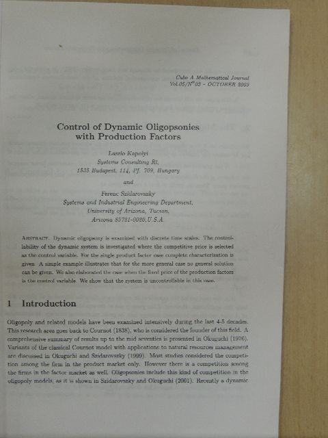 Ferenc Szidarovszky - Control of Dynamic Oligopsonies with Production Factors [antikvár]