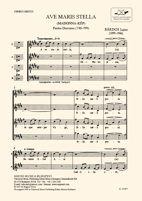 BÁRDOS LAJOS - AVE MARIS STELLA (MADONNA-KÉP) CHORUS MIXTUS (VEGYESKAR)