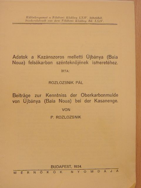Rozlozsnik Pál - Adatok a Kazánszoros melletti Újbánya (Baia Noua) felsőkarbon szénteknőjének ismeretéhez [antikvár]