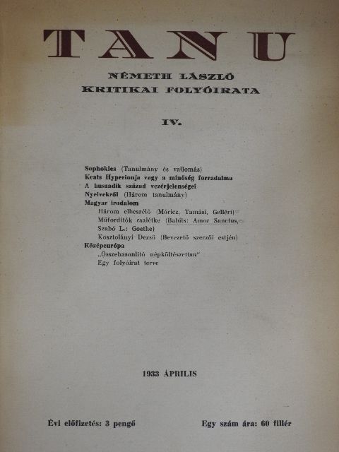 Kosztolányi Dezső - Tanu 1933. április [antikvár]
