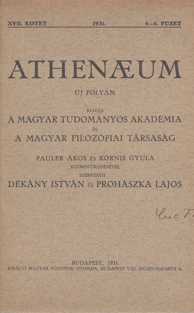 Prohászka Lajos, Dékány István - Athenaeum 1931. XVII. kötet 4-6. füzet [antikvár]