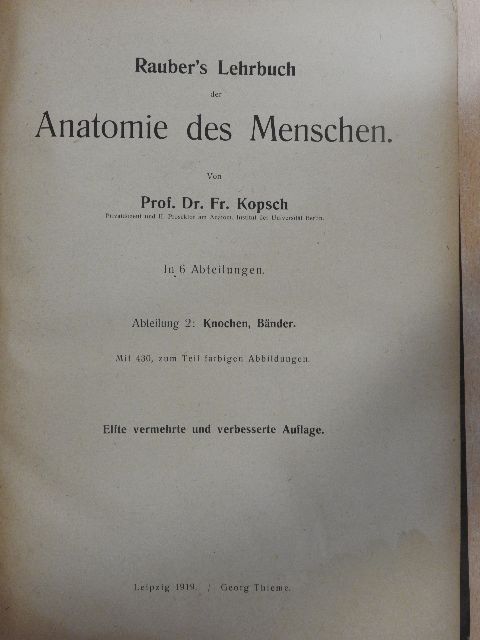 Prof. Fr. Kopsch - Rauber's Lehrbuch der Anatomie des Menschen Abteilung 2. (töredék) [antikvár]