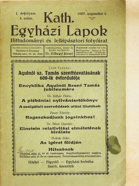Dr. Kühár Flóris - Kath. Egyházi Lapok 1923. augusztus 1. [antikvár]