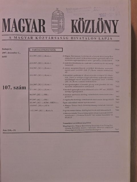 Magyar Közlöny 1997. december I-II. 1997. december 1-19., 20-31. (nem teljes évfolyam) [antikvár]