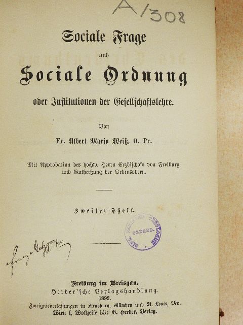 Fr. Albert Maria Weiß - Sociale Frage und Sociale Ordnung II. (gótbetűs) (töredék) [antikvár]